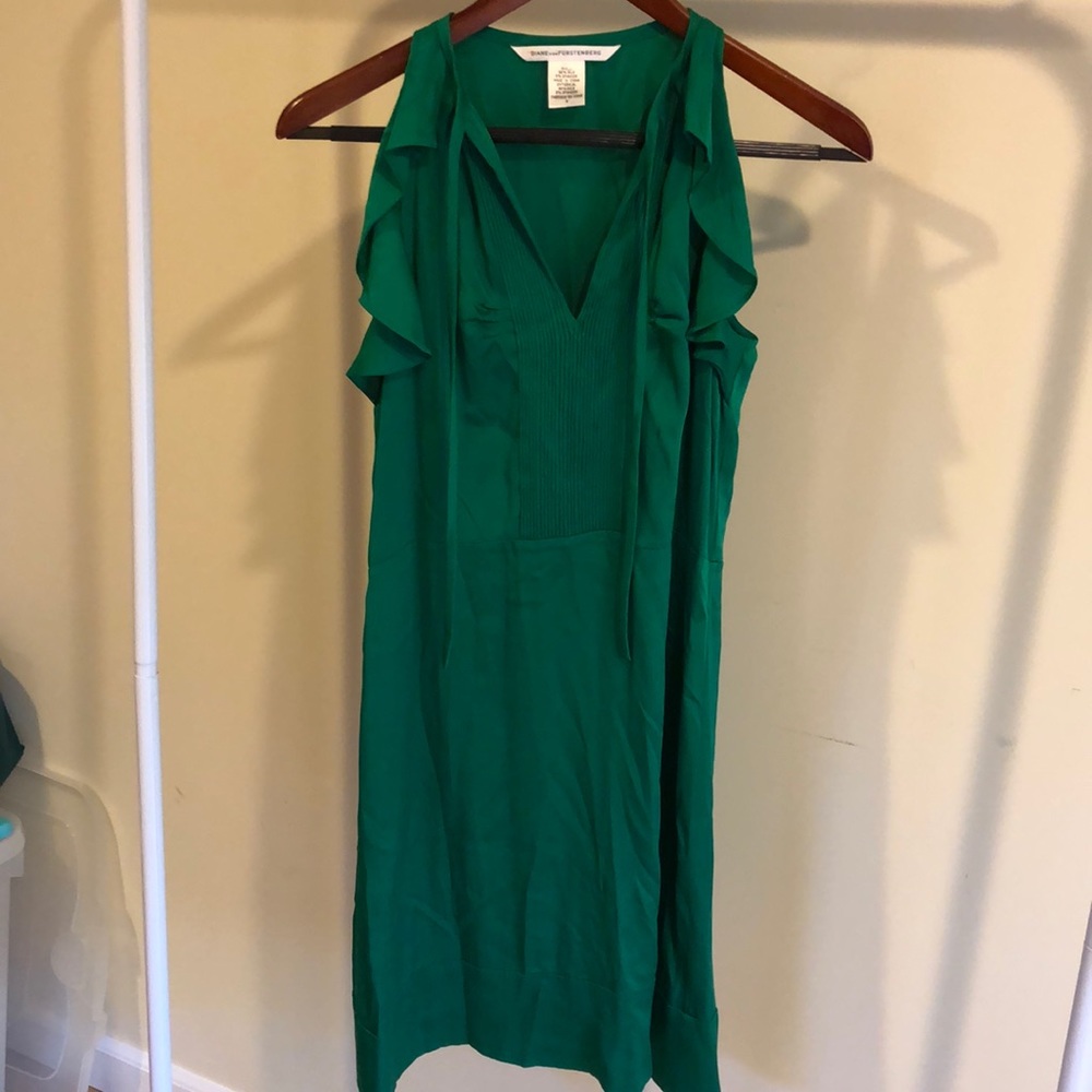 DVF Green Silk Flutter Sleeve Dress